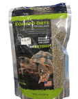 The Komodo Diets Tortoise Food 14oz package is displayed, featuring a tortoise image and pellet-shaped food. It is priced at $16.99 and comes in a resealable bag to maintain freshness.