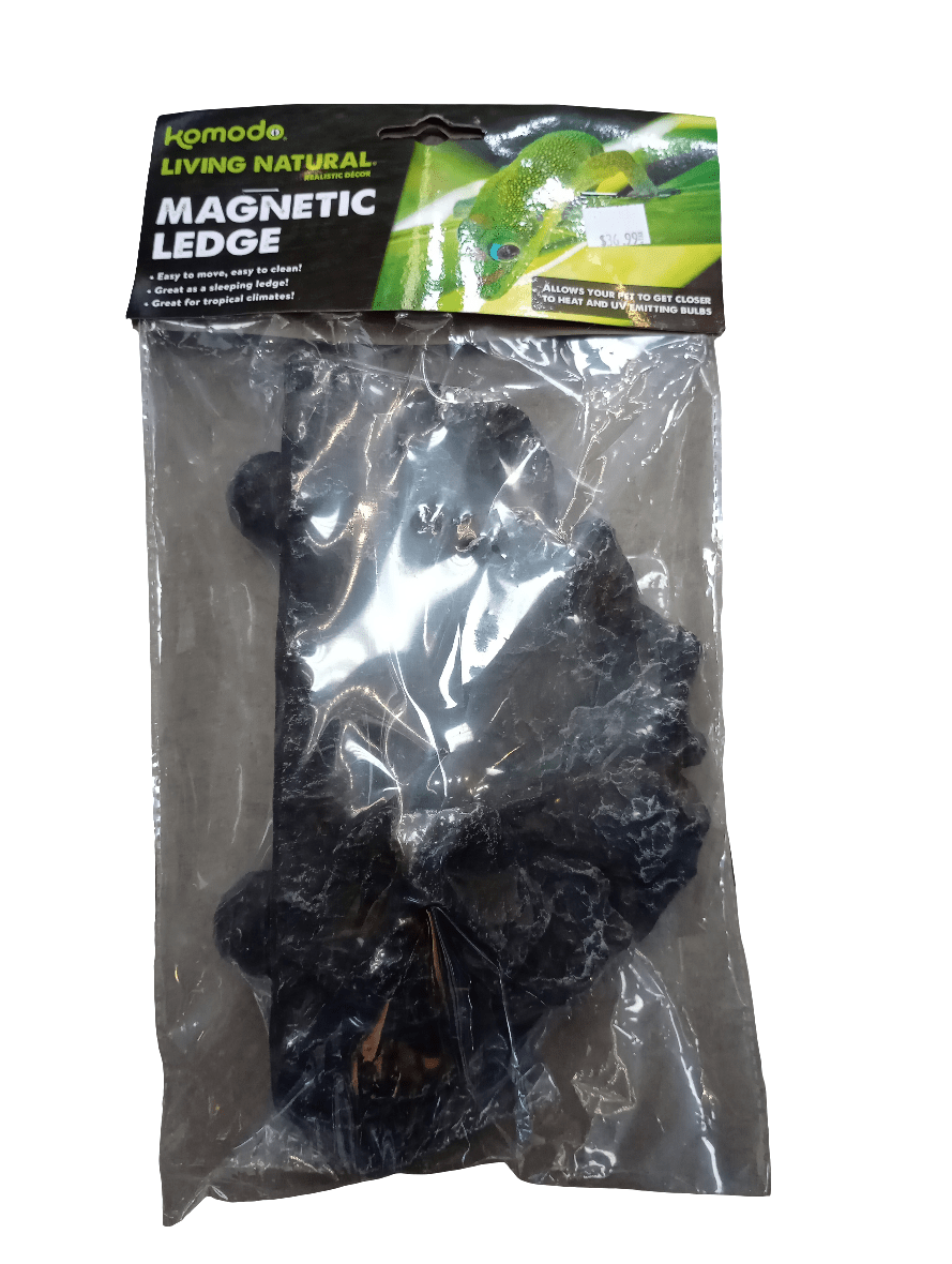 Packaging of a Komodo Magnetic Ledge for reptiles. The package features an image of a green lizard on top and displays a black ledge visible through the plastic.