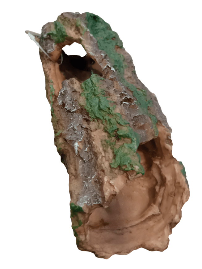 The Komodo Reptile And Fish Tank Ornaments resemble a textured rock formation with a hollow center, showcasing a blend of earthy brown and green patches. These ornaments have a rugged and organic look, featuring uneven surfaces for a natural appearance.