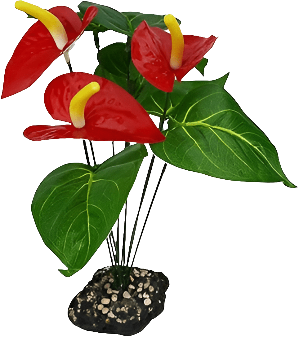 The Komodo Reptile & Fish Reptile Ornament Anthurium Bush features a cluster of vibrant red anthurium flowers with yellow spadices, surrounded by glossy green leaves, rising from a small, speckled base.