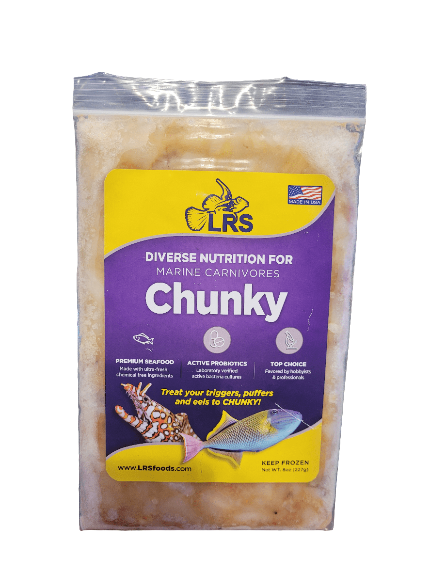 A package of LRS - Frozen Chunky - 8oz, designed for marine carnivores. The label emphasizes premium seafood, active probiotics, and top choice ingredients, featuring images of fish and seafood in a vibrant purple and yellow color scheme.