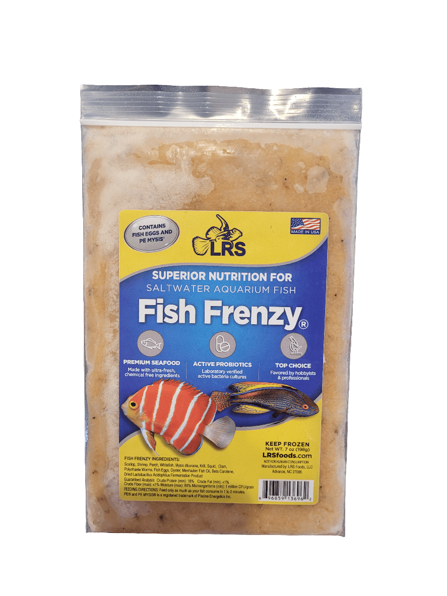 A package of LRS - Frozen Fish Frenzy - 7oz aquarium food shows product details, emphasizing superior nutrition for saltwater fish with highlights on premium seafood and active probiotics, and features a colorful fish image.