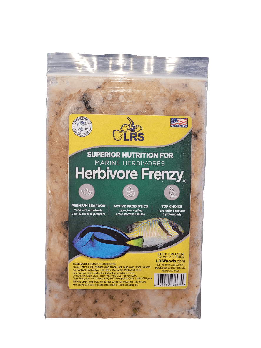 The image features a package of LRS - Frozen Herbivore Frenzy - 7oz, tailored for marine herbivores. The label emphasizes premium seafood, active probiotics, and suitability for herbivorous saltwater fish, along with instructions to keep it frozen.