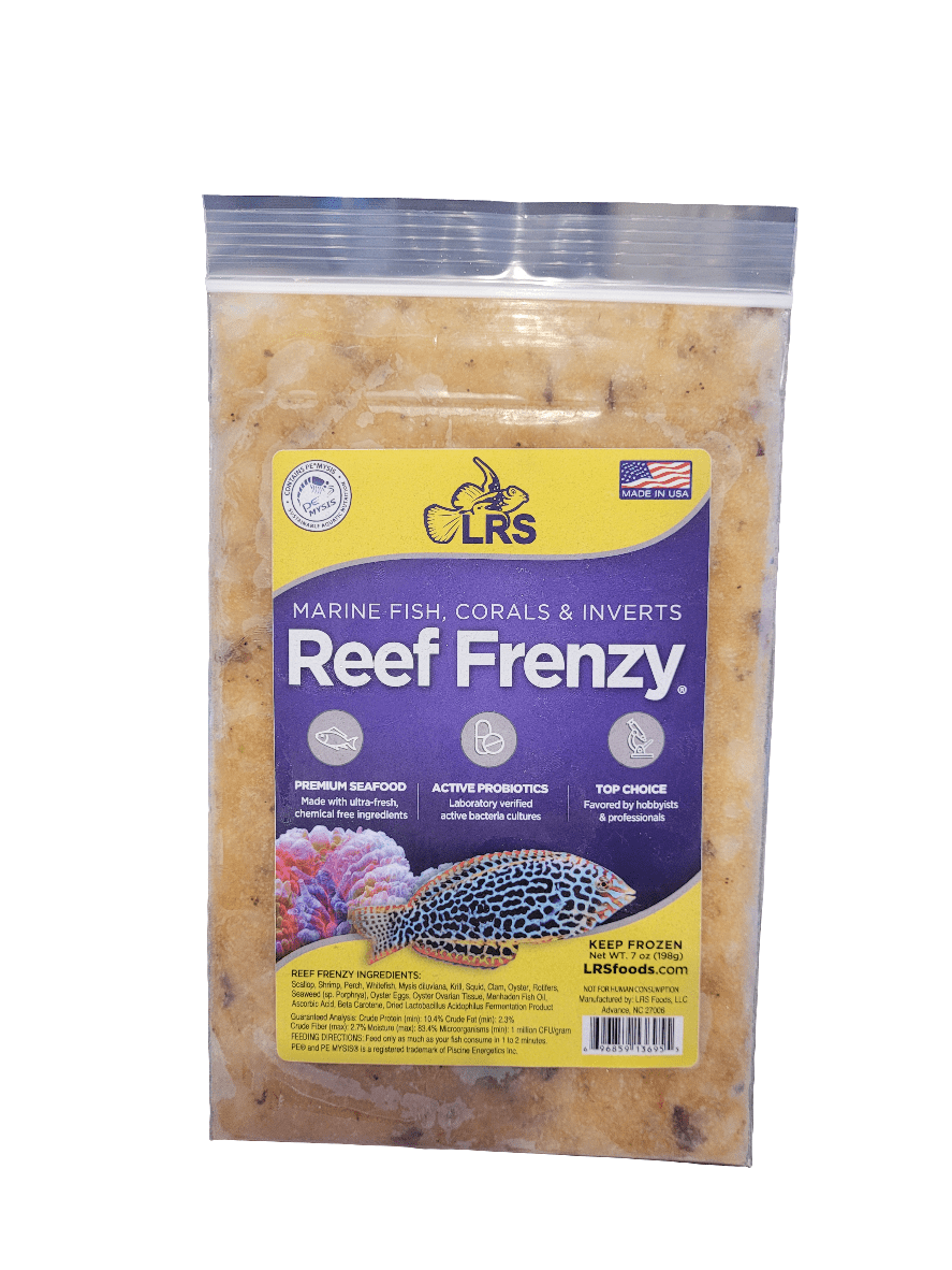 A 7oz package of LRS Frozen Reef Frenzy, designed for marine fish, corals, and invertebrates. The label emphasizes premium seafood ingredients, active probiotics, and high quality. It includes images of marine life along with usage instructions.