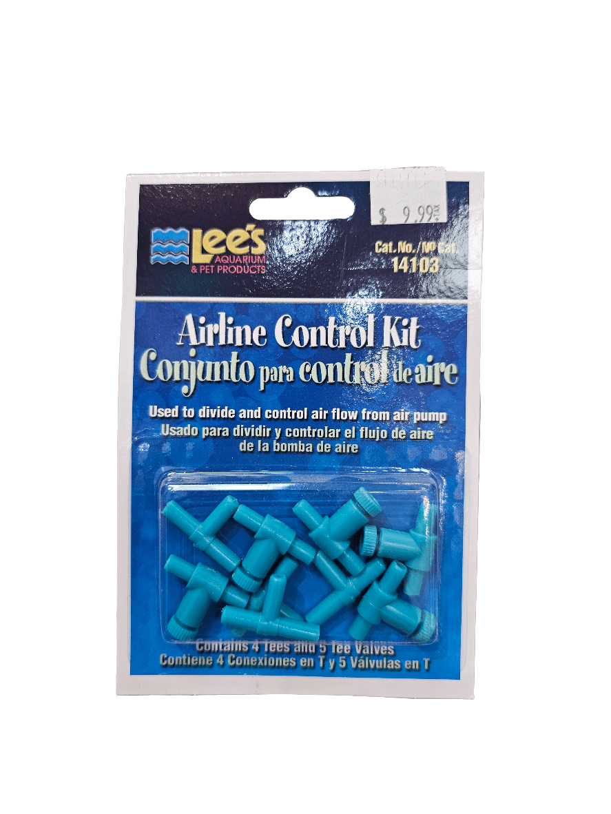 The Lee's Airline Control Kit comes in a blue package and includes T-Valves with T-shaped connectors designed for air pumps, ideal for efficiently dividing and regulating airflow in aquariums. The package prominently displays its functionality, with the price tag located at the top right corner.