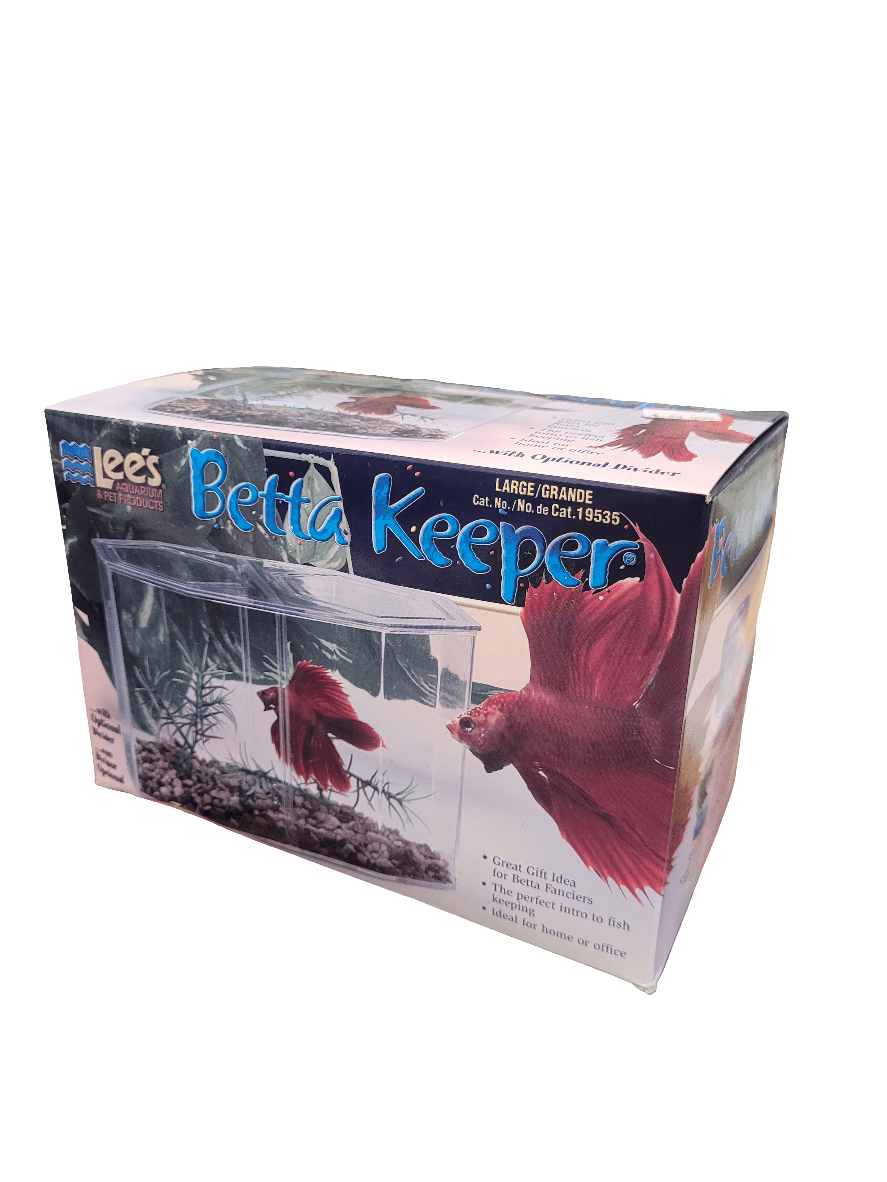 A product box for Lee's - Betta Keeper - Large showcasing a clear tank with a red betta fish and aquatic plants inside. The packaging is predominantly white with blue and black text, featuring images of the tank and fish.