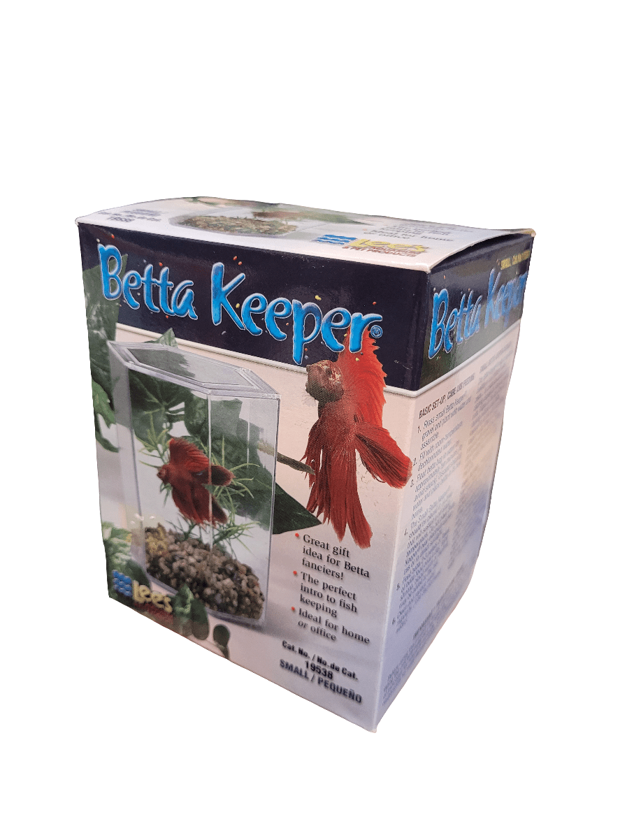 A box labeled Lee's - Betta Keeper - Small, showcasing an image of a red betta fish in a compact aquarium. The packaging highlights it as an excellent gift choice, perfect for homes, offices, and dorms. Additional product details and images are displayed on the sides.