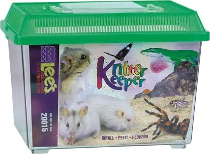 A transparent plastic container with a green lid labeled Lees Kritter Keeper Small, featuring images of small animals like rodents, a lizard, a tarantula, and a butterfly.