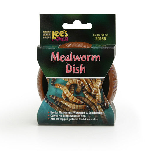 Packaging for Lee's - Mealworm Dish showcases an image of mealworms. The text emphasizes its versatility for holding mealworms, waxworms, and superworms, and also notes its suitability for vegetables, pelleted food, and use as a water dish.