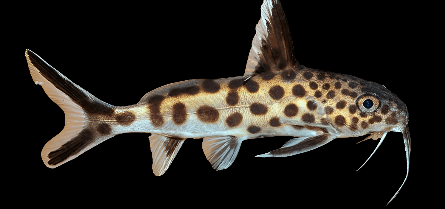 A Leopard Petricola Catfish with long whisker-like barbels and distinctive dark spots on its body and fins, swimming against a black background.