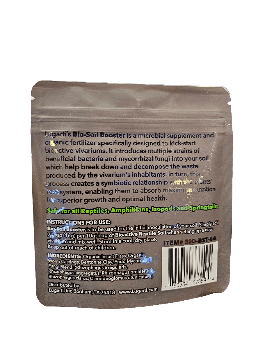 The image showcases the back of a Lugarti- Bio-Soil Booster 64g package, emphasizing its dual role as a microbial supplement and an organic fertilizer for vivariums. The silver packaging is adorned with detailed instructions and product information, offering essential guidance for optimal use.