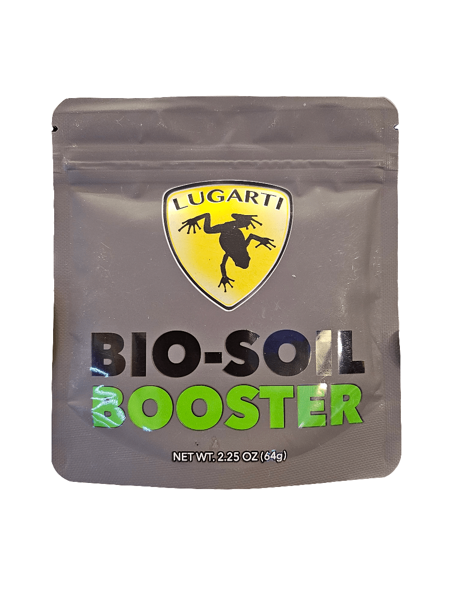 A gray pouch labeled Lugarti- Bio-Soil Booster 64g featuring a logo of a black lizard inside a yellow shield. This 2.25 oz (64g) package acts as an organic fertilizer, enhancing your soil naturally.