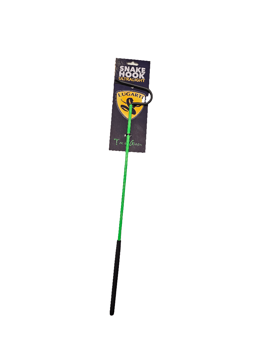 The Lugarti - Snake Hook 18" features a green hook with a black grip, crafted from aircraft-grade aluminum, and is packaged with a card reading Ultralight Snake Hook along with the Lugarti logo.