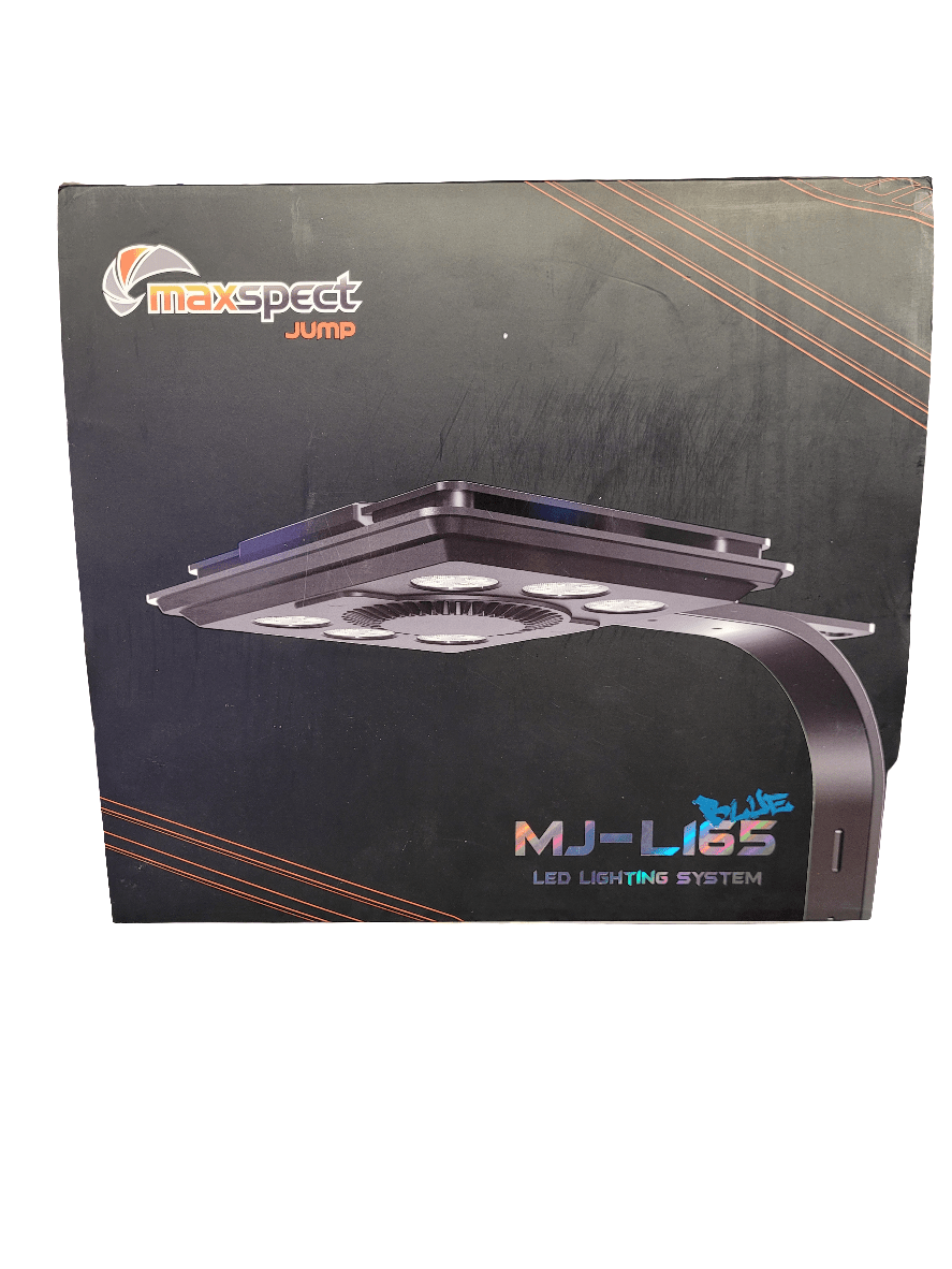 The image depicts the packaging for a Maxspect - Jump MJ-L165 Blue Reef Light. The box highlights an illustration of the LED lighting system, showcasing its sleek and modern design, with the brand name and product name clearly displayed on it.