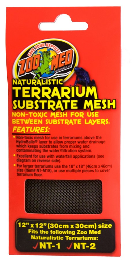 The packaging of Zoo Meds Terrarium Substrate Barrier - Small features a green reptile logo, designed to enhance drainage in terrariums and improve the bottom layer for optimal habitat health. It is non-toxic and measures 12x12 (30cm x 30cm).