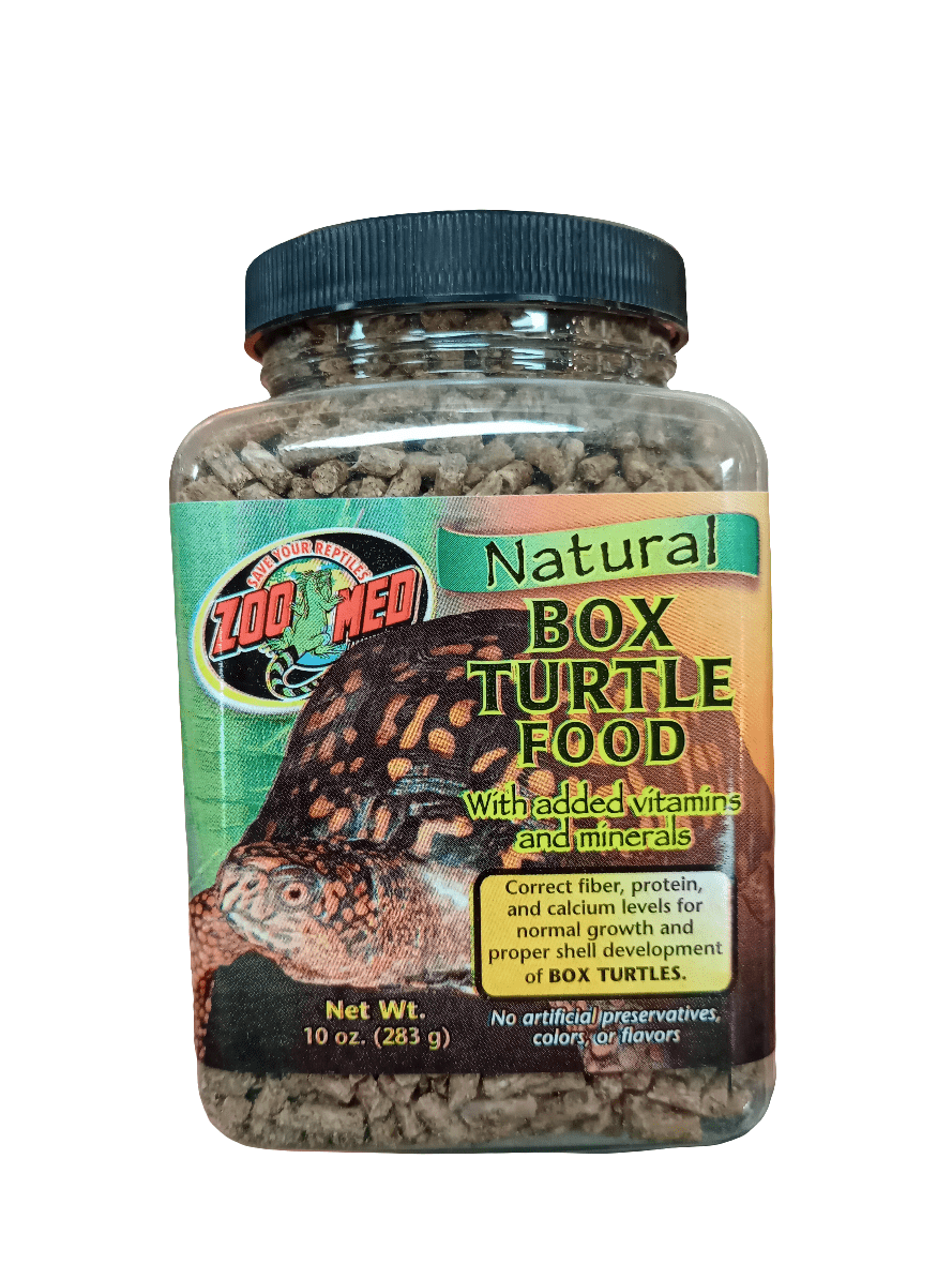 The Natural Box Turtle Food from Zoo Med, a 10 oz (283 g) plastic container, is enriched with protein and enhanced with added vitamins and minerals. Its label showcases an image of a turtle, and it contains no artificial preservatives, colors, or flavors.