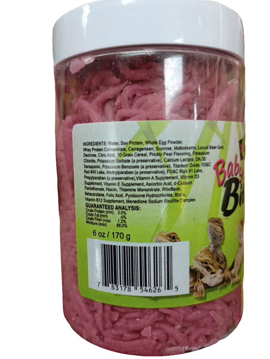 A Nature Zone Baby Bites container with a clear lid reveals pink food inside. Its label displays images of small animals along with a list of ingredients and nutritional information. The container holds 6 oz or 170 g.