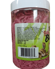 A Nature Zone Baby Bites container with a clear lid reveals pink food inside. Its label displays images of small animals along with a list of ingredients and nutritional information. The container holds 6 oz or 170 g.