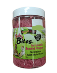 A 6oz container of Nature Zone Baby Bites for juvenile bearded dragons, featuring green packaging with images of two bearded dragons and the text "Nutritious Soft Moist Food." The pink shredded contents are visible through the packaging.