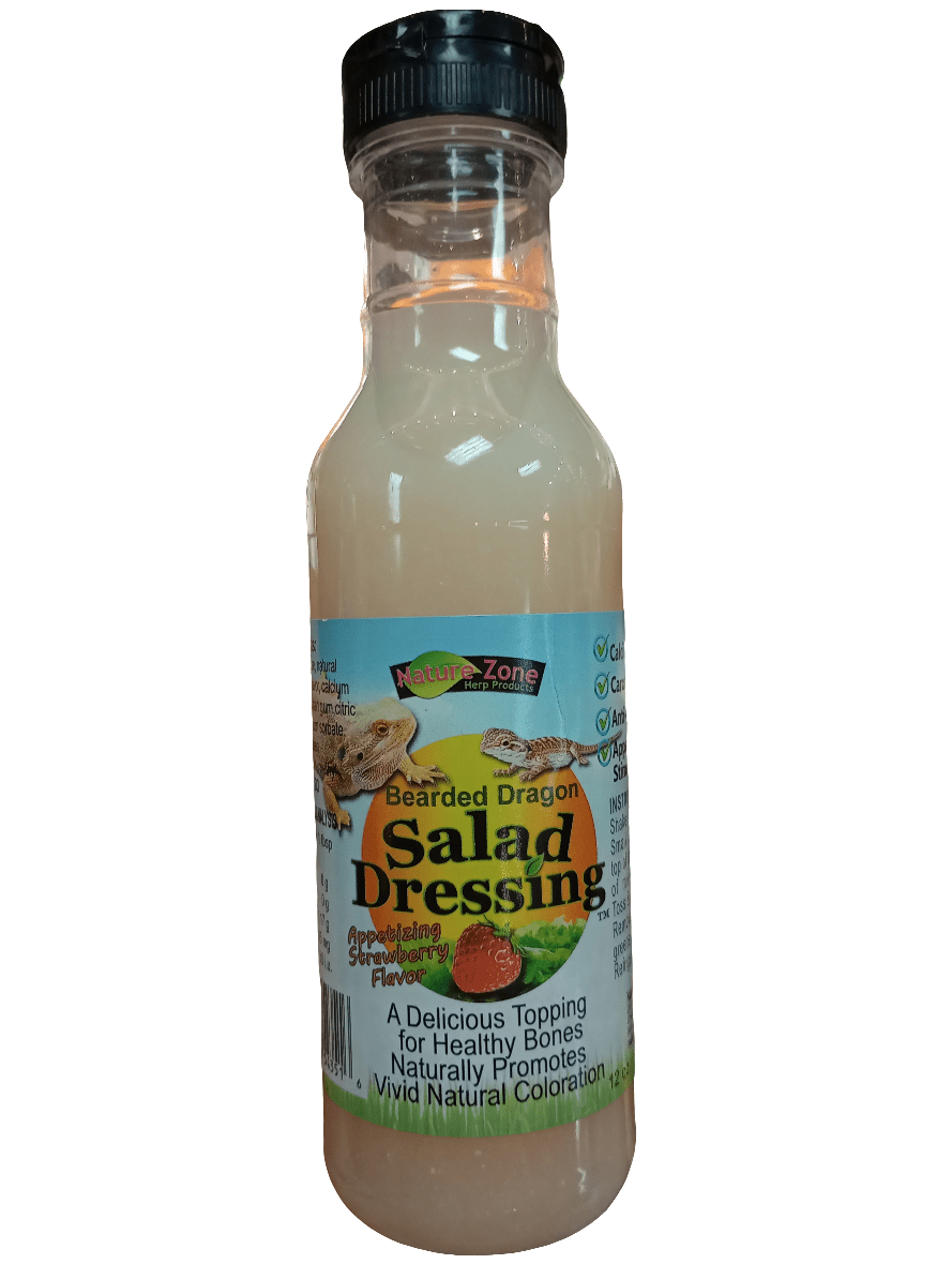 A bottle of Nature Zone Bearded Dragon 12 Oz salad dressing featuring a label with lizards, touted as a delicious topping for healthy bones and naturally enhancing vivid coloration. The flavor is strawberry mango.