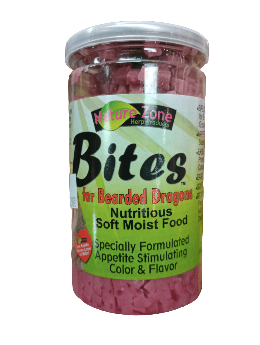 A clear plastic container labeled Nature Zone Bearded Dragon Bites 9oz features the highlights "Nutritious Soft Moist Food" and "Specially Formulated Appetite Stimulating Color & Flavor" on its label. The lid is transparent, revealing the red food inside.