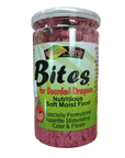 A clear plastic container labeled Nature Zone Bearded Dragon Bites 9oz features the highlights "Nutritious Soft Moist Food" and "Specially Formulated Appetite Stimulating Color & Flavor" on its label. The lid is transparent, revealing the red food inside.