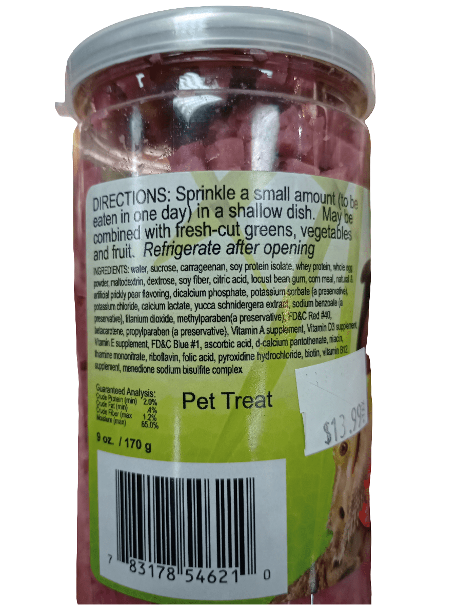 A jar labeled as Nature Zone Bearded Dragon Bites 9oz, priced at $13.99, includes feeding directions for pets, ingredient details, and nutritional information. The jar contains small, brown treats.