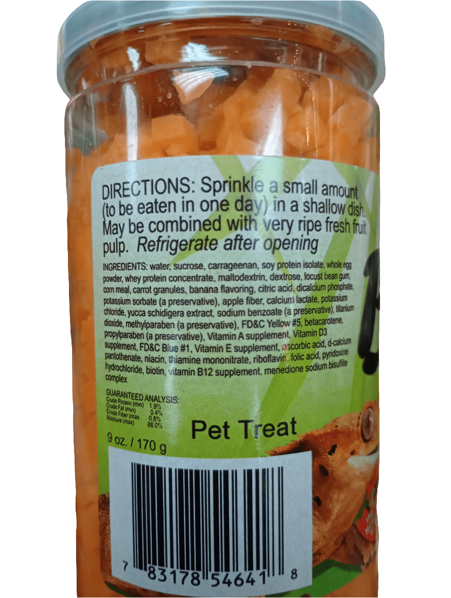 A close-up of the "Nature Zone Bites 9 Oz Fruit Eating Gecko" pet treat jar label. It includes directions to sprinkle a small amount daily and refrigerate after opening. The jar contains 170g of product, with various ingredients listed.