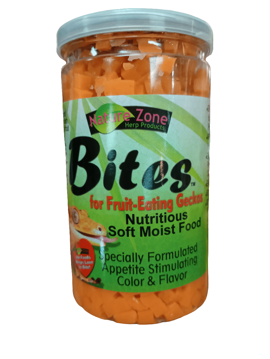 A 9 oz jar of Nature Zone Bites designed for fruit-eating geckos. The green label features images of a gecko and fruit, and the product is described as nutritious, soft, and formulated to stimulate appetite. Inside the jar, the bites are orange.