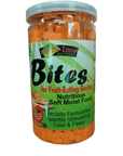 A 9 oz jar of Nature Zone Bites designed for fruit-eating geckos. The green label features images of a gecko and fruit, and the product is described as nutritious, soft, and formulated to stimulate appetite. Inside the jar, the bites are orange.