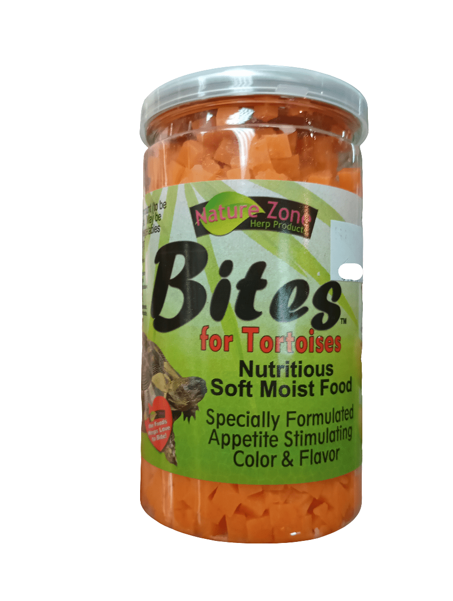 A clear jar labeled "Nature Zone Bites 9 Oz Tortoise," containing orange, star-shaped pieces, offers a nutritious, soft, and moist food specially formulated to enhance appetite, color, and flavor for tortoises.