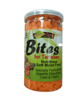 A clear jar labeled "Nature Zone Bites 9 Oz Tortoise," containing orange, star-shaped pieces, offers a nutritious, soft, and moist food specially formulated to enhance appetite, color, and flavor for tortoises.