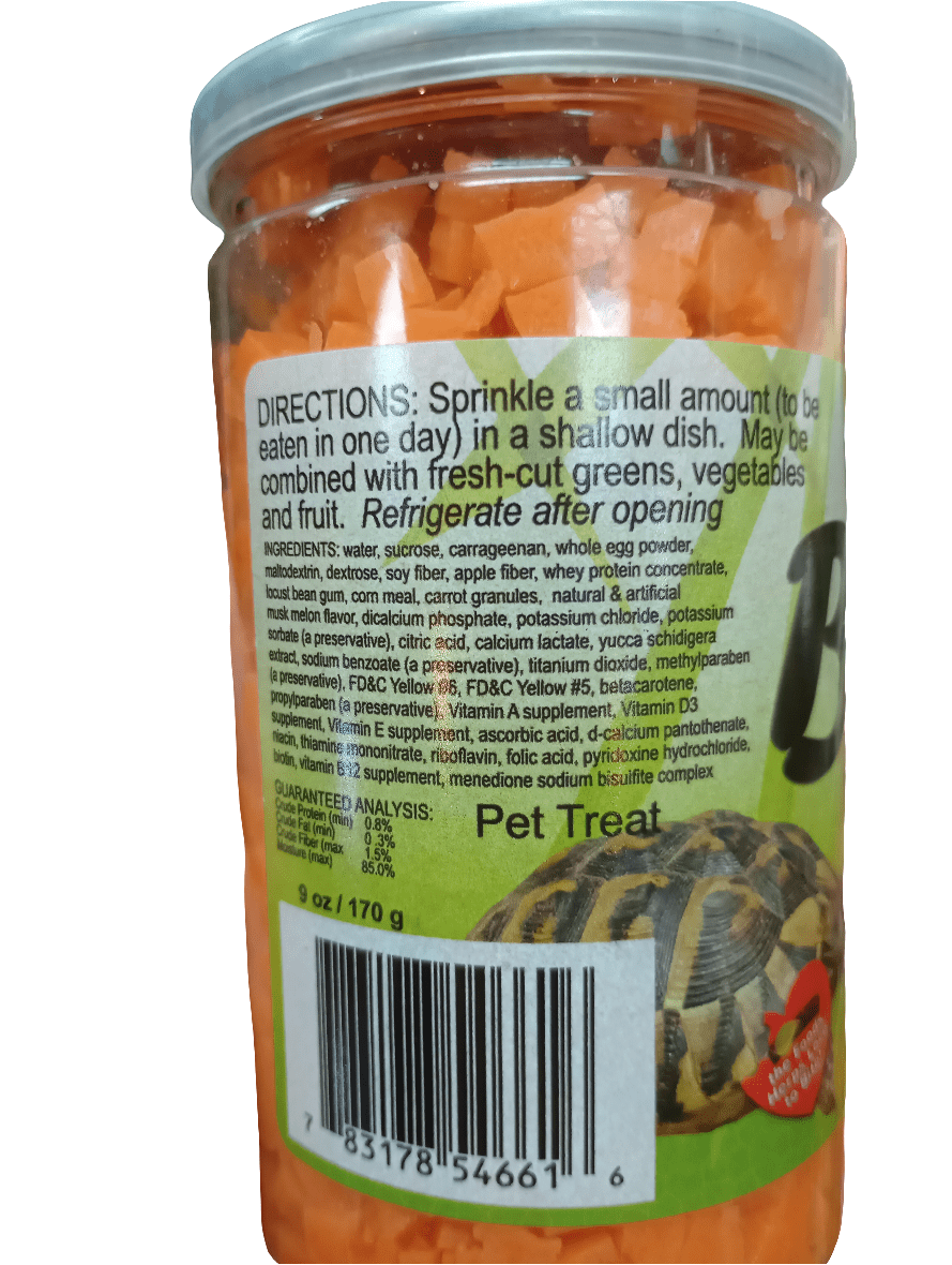 The Nature Zone Bites 9 Oz Tortoise jar is a clear plastic container filled with orange cube-shaped pet treats. It features a label that includes directions for use, storage instructions, and a list of ingredients, along with an image of a turtle. The jar is topped with a white plastic lid.