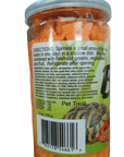 The Nature Zone Bites 9 Oz Tortoise jar is a clear plastic container filled with orange cube-shaped pet treats. It features a label that includes directions for use, storage instructions, and a list of ingredients, along with an image of a turtle. The jar is topped with a white plastic lid.