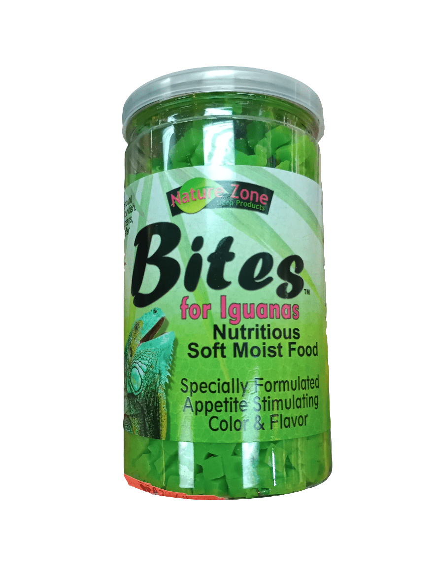 A green plastic container labeled Nature Zone Bites Iguana 9 Oz is described as nutritious, soft, and moist food. It claims to be specially formulated to stimulate appetite with both color and flavor.