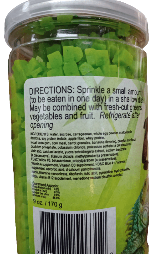 A jar labeled with usage instructions: "Sprinkle a small amount to be consumed within one day in a shallow dish." Ingredients and nutritional information are provided below. The jar, named Nature Zone Bites Iguana 9 Oz, contains small green pieces.