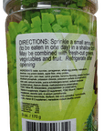 A jar labeled with usage instructions: "Sprinkle a small amount to be consumed within one day in a shallow dish." Ingredients and nutritional information are provided below. The jar, named Nature Zone Bites Iguana 9 Oz, contains small green pieces.