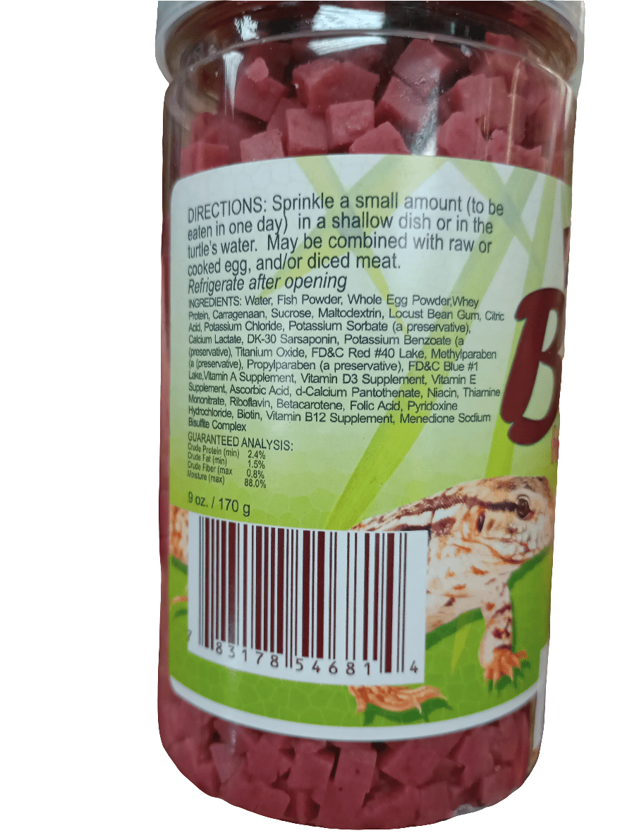 A bottle of Nature Zone Bites Meat Lovers 9oz is displayed, featuring text with feeding instructions and ingredients. The packaging includes a barcode and a partial image of a turtle, while the food inside consists of small, red, cube-shaped pieces.