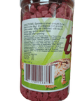 A bottle of Nature Zone Bites Meat Lovers 9oz is displayed, featuring text with feeding instructions and ingredients. The packaging includes a barcode and a partial image of a turtle, while the food inside consists of small, red, cube-shaped pieces.