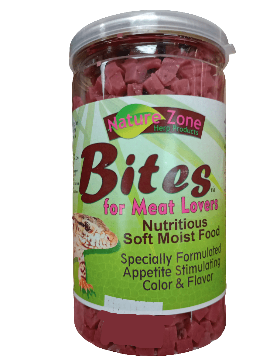 The image depicts a 9oz jar of Nature Zone Bites Meat Lovers, a nutritious soft moist food designed for reptiles. The label emphasizes the product's special formulation with appetite-stimulating color and flavor, featuring an image of a reptile.