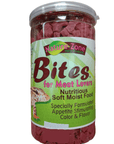 The image depicts a 9oz jar of Nature Zone Bites Meat Lovers, a nutritious soft moist food designed for reptiles. The label emphasizes the product's special formulation with appetite-stimulating color and flavor, featuring an image of a reptile.