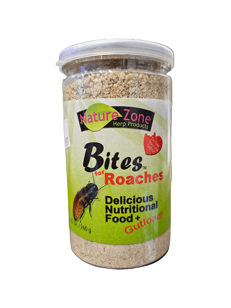 A container of Nature Zone - Bites for Roaches 8.5oz, featuring the label "Delicious Nutritional Food and Gutload." The packaging is green with images of roaches and a heart symbol.