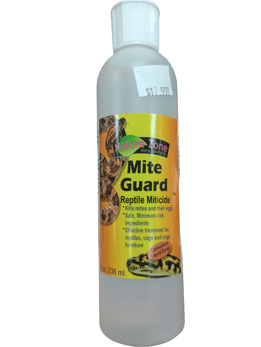 A bottle of Nature Zone Mite Guard Liquid 8 Oz featuring an orange label with reptile images. The label indicates that it effectively kills mites and their eggs using minimal risk ingredients, ensuring safety. It is available for $17.99.