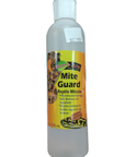 A bottle of Nature Zone Mite Guard Liquid 8 Oz featuring an orange label with reptile images. The label indicates that it effectively kills mites and their eggs using minimal risk ingredients, ensuring safety. It is available for $17.99.