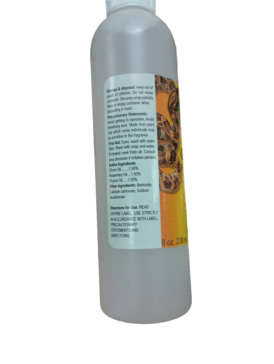 The Nature Zone Mite Guard Liquid 8 Oz comes in a white plastic bottle featuring a label with text and an image of a snake. The label includes safety instructions and directions for use, and the bottle is topped with a light gray cap.