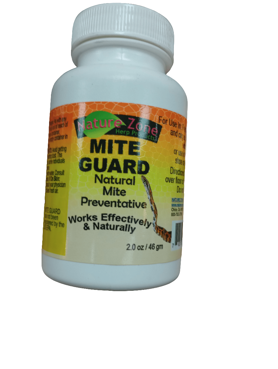 The Nature Zone Mite Guard Powder 2.0 oz comes in a white bottle adorned with orange and yellow accents. It is marketed as a natural preventative against mites and features a green logo with the text "Nature Zone Herp Products.