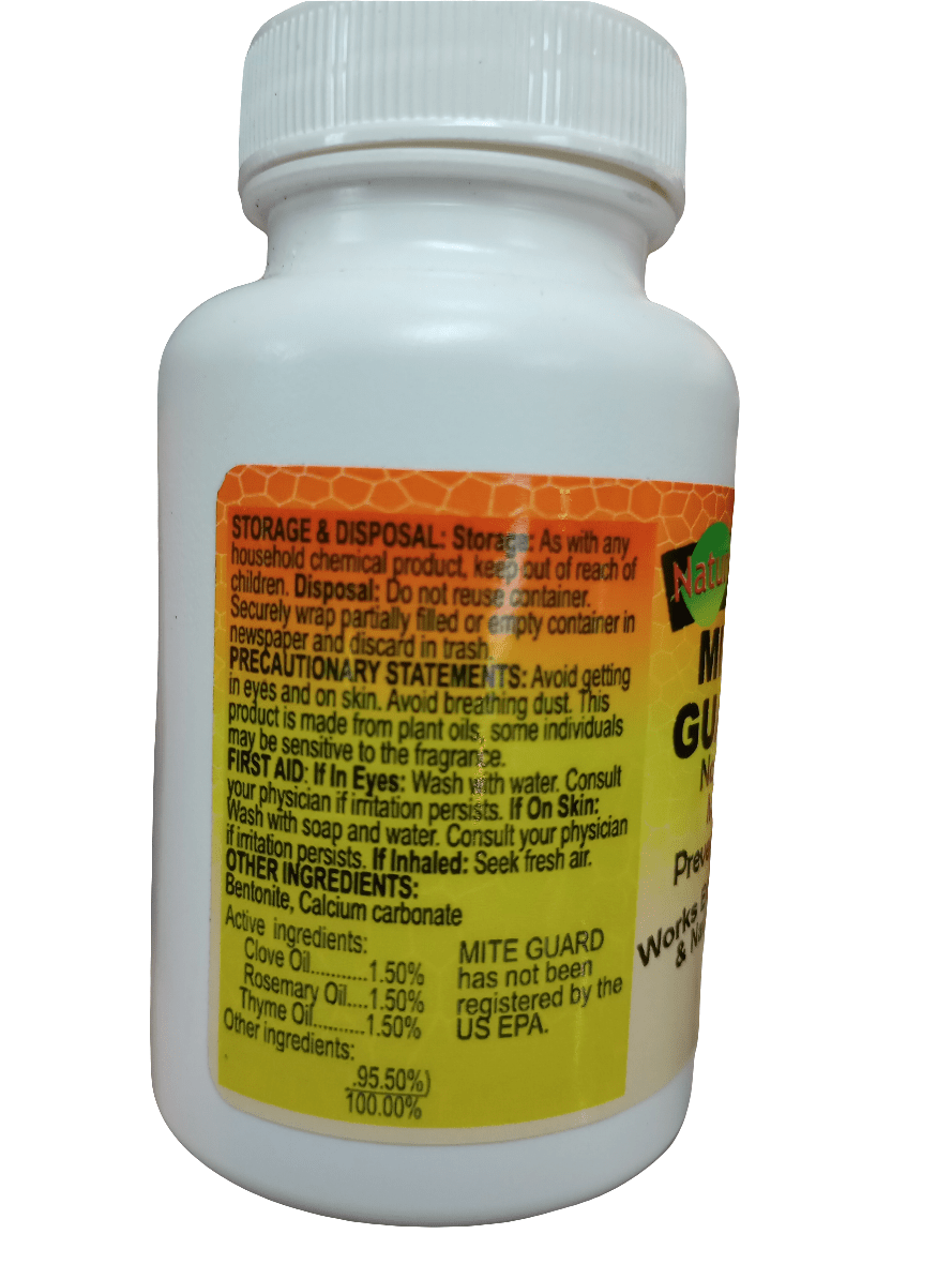 A white bottle labeled Nature Zone Mite Guard Powder 2.0 oz provides detailed information on storage, disposal, precautionary statements, and first aid instructions, along with a list of active ingredients. This product is designed for pest control purposes.