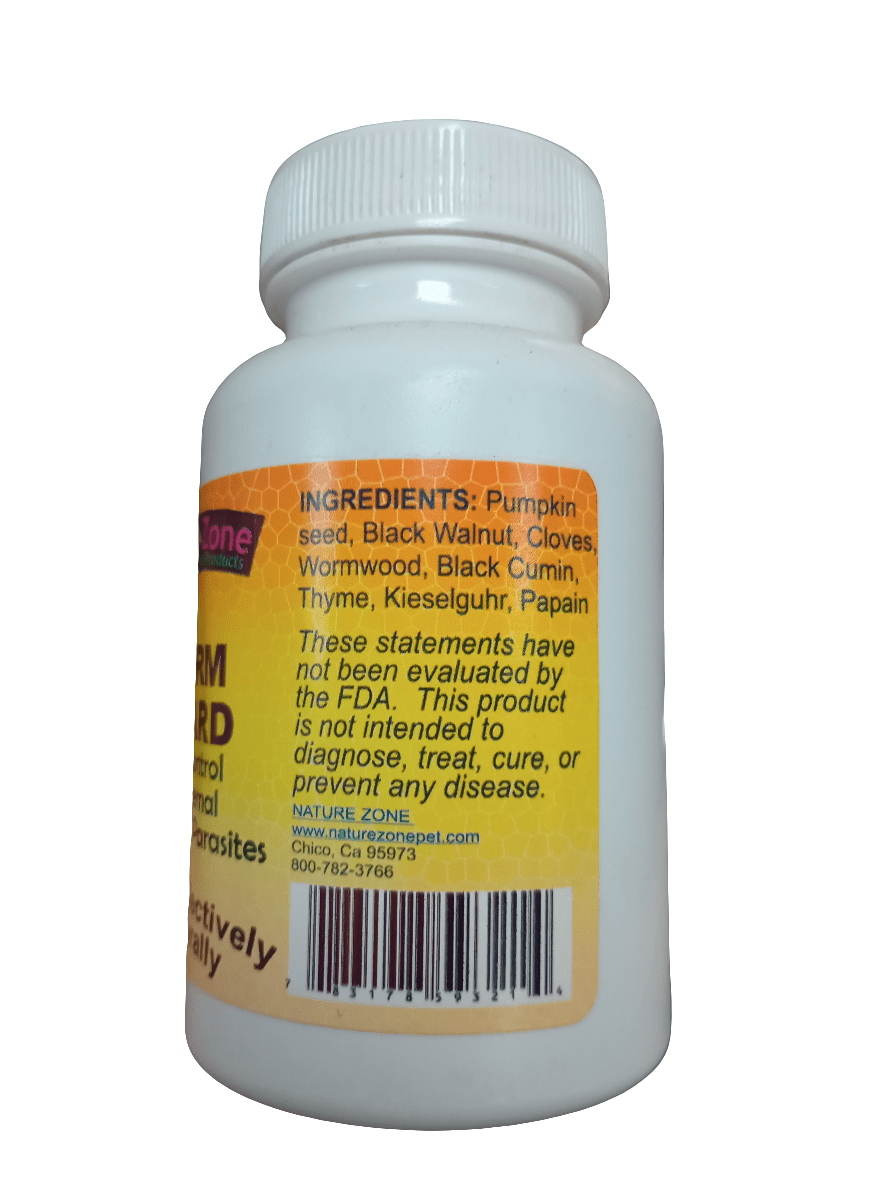 A white bottle labeled "Nature Zone Worm Guard" includes a list of ingredients: Pumpkin seed, Black Walnut, Cloves, Wormwood, Black Cumin, Thyme, Kieselguhr, and Papain. There is also a disclaimer stating that the product has not been evaluated by the FDA.