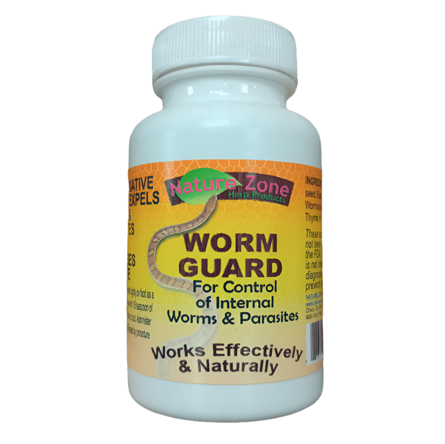 A white plastic bottle of Nature Zone Worm Guard features a child-resistant cap and is labeled for the natural and effective control of internal worms and parasites.