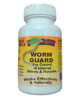 A white plastic bottle of Nature Zone Worm Guard features a child-resistant cap and is labeled for the natural and effective control of internal worms and parasites.